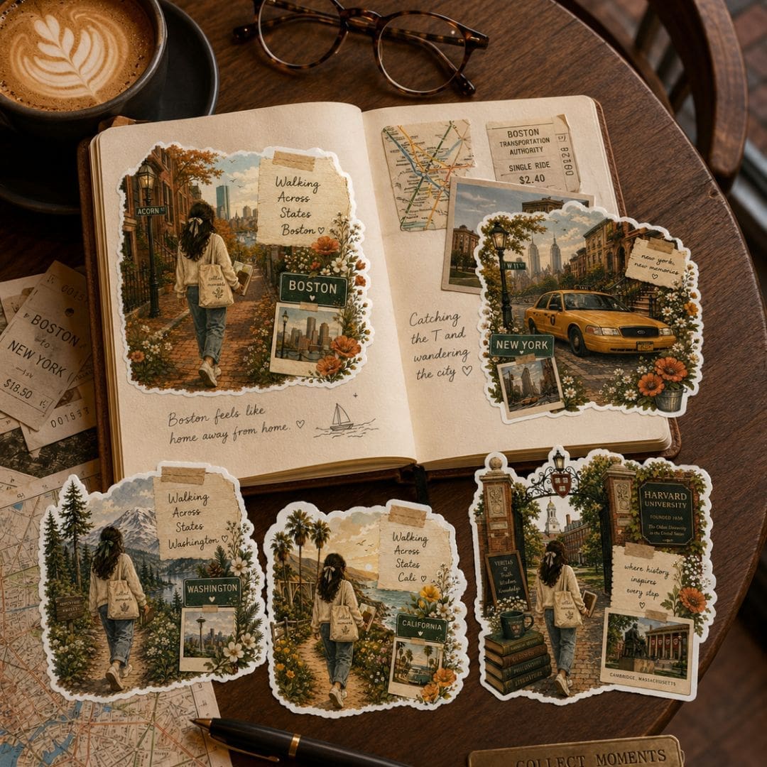 Walking Across States travel stickers displayed on an open scrapbook journal in a cozy café