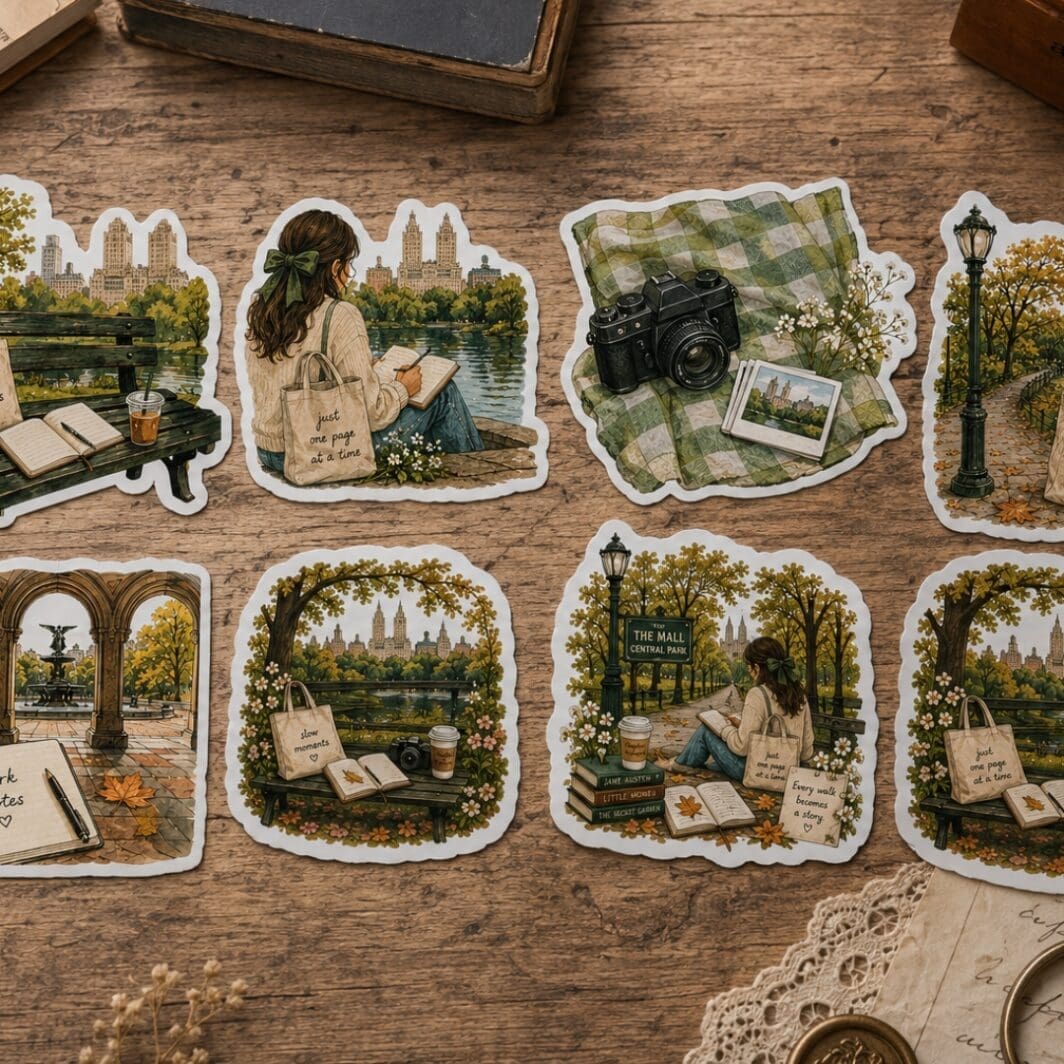 A bright flat-lay of the "Journaling at Central Park" sticker collection spread across a vintage wooden craft table. The watercolor-style stickers feature cozy Central Park scenes with journals, books, coffee cups, cameras, autumn leaves, park benches, bridges, and city views, surrounded by antique stationery, lace, dried flowers, and journaling supplies, creating a warm and inviting creative workspace.